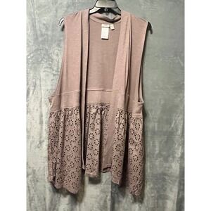 LOGO Lori Goldstein Womens 3X Taupe Sleeveless Open Cardigan Eyelet Hem Long New